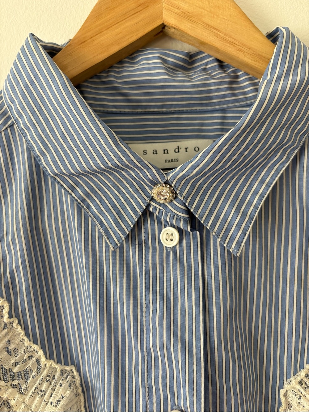 Sandro Paris Blue Striped Lace Ruffle Button Up Blouse Size 3 M/L French Classic - Picture 7 of 12